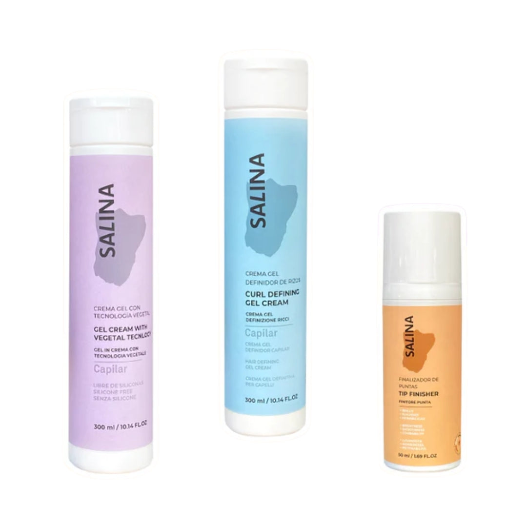 Kit Styling Crema Gel Definidor 300ml + Crema Para Peinar 300ml + Finalizador De Puntas Para Rizos 50ml - Salina