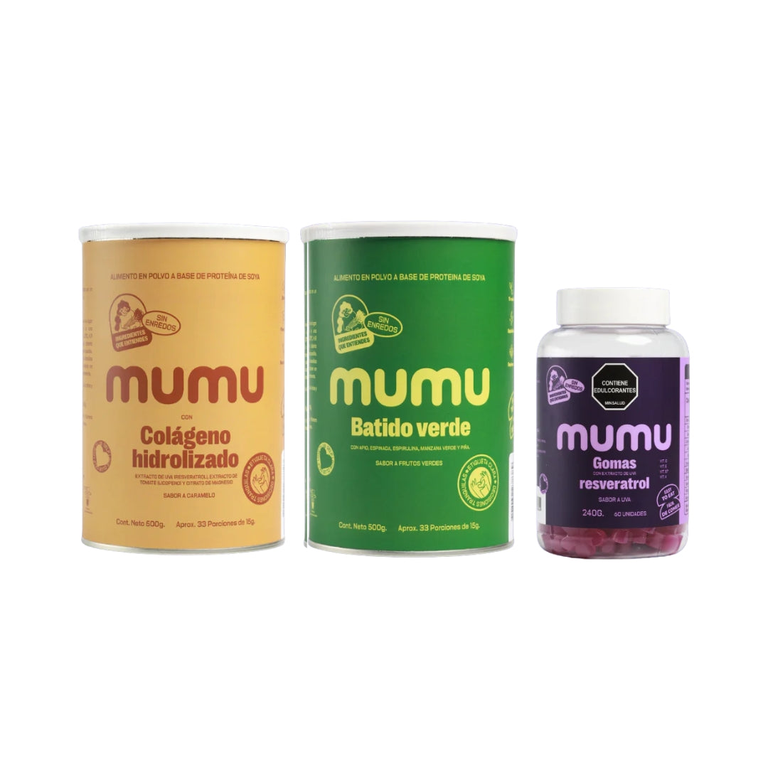Kit Hair, Skin & Nails con Colágeno Hidrolizado, Batido Verde, Gomas de Resveratrol - Mumu