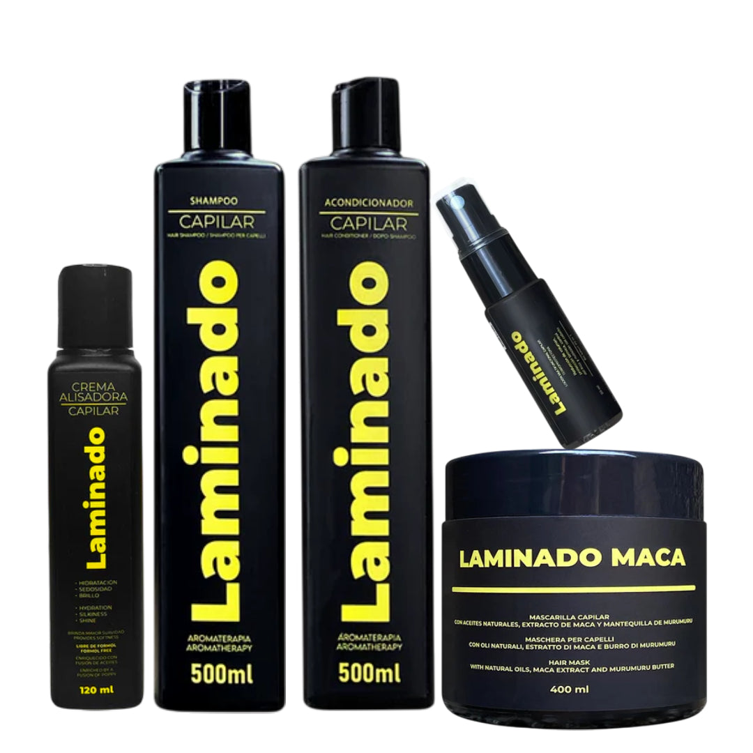 Kit Laminado (Crema alisadora 120ml, Bomba de hidratación Maca 400ml, Shampoo 500ml, Acondicionador 500ml, BB Loción Termo protector 20ml) - Lz