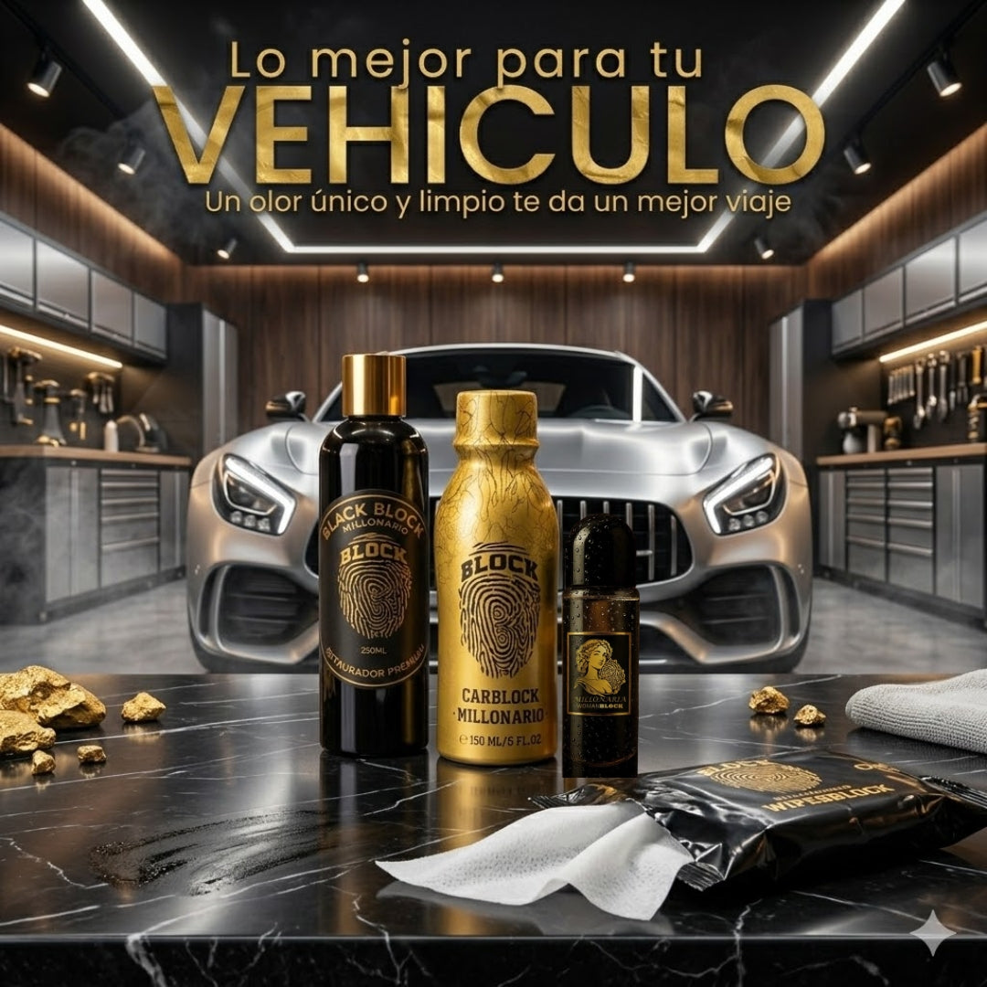 Perfume para Carro CarBlock + Paños WipesBlock + Restaurador BlackBlock + Perfume WomanBlock