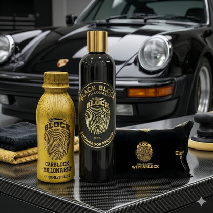 Perfume Para Carro Carblock + Paños De Limpieza Vehicular Wipesblock + Restaurador De Partes Negras Blackblock