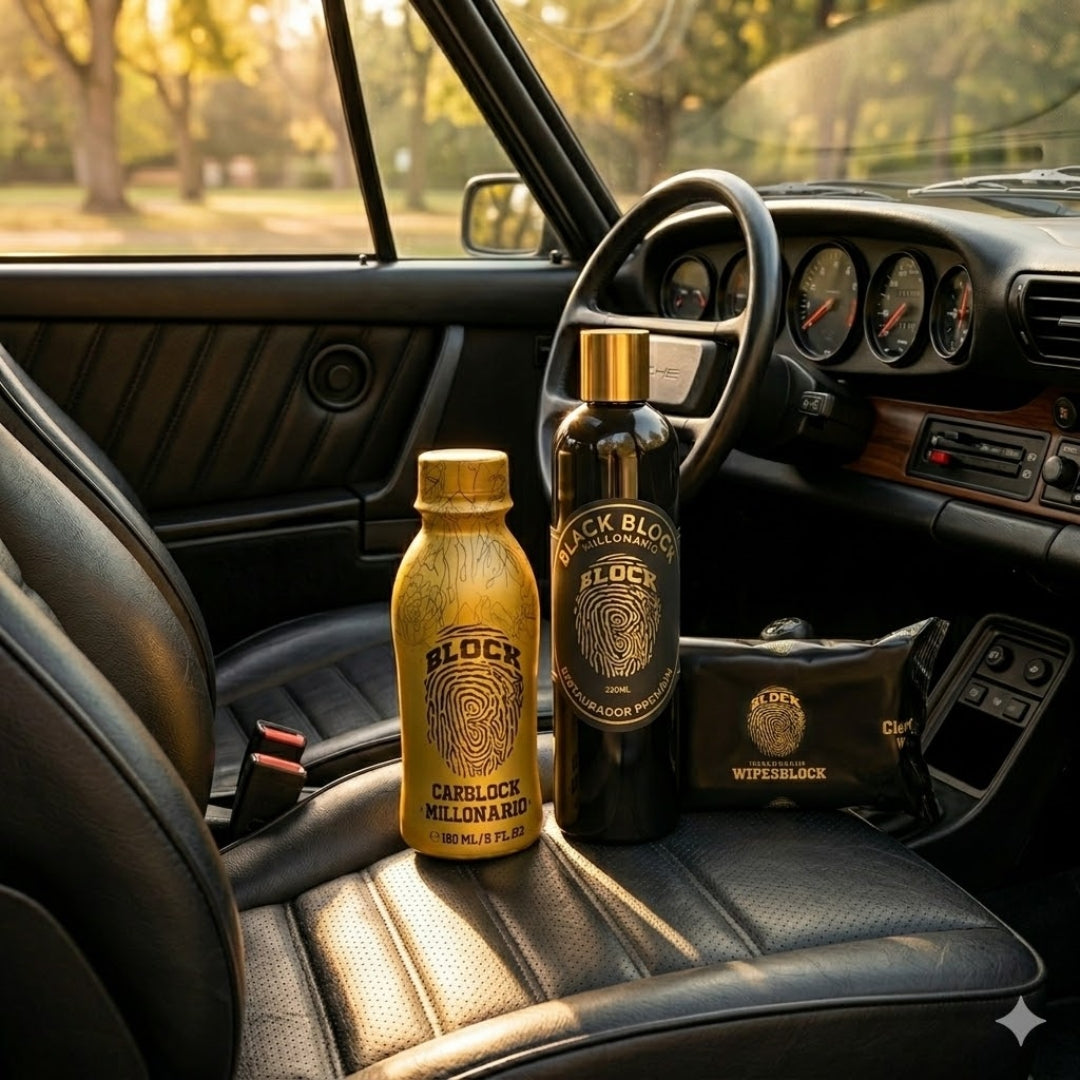 Perfume Para Carro Carblock + Paños De Limpieza Vehicular Wipesblock + Restaurador De Partes Negras Blackblock