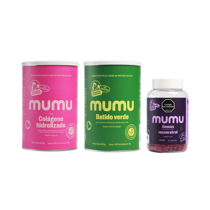 Kit Hair, Skin & Nails con Colágeno Hidrolizado, Batido Verde, Gomas de Resveratrol - Mumu