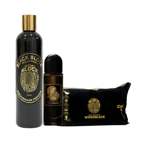 Restaurador De Partes Negras Blackblock + Perfume Con Feromonas Para Ropa Interior Femenina Millonaria Womanblock + Paños De Limpieza Vehicular Wipesblock