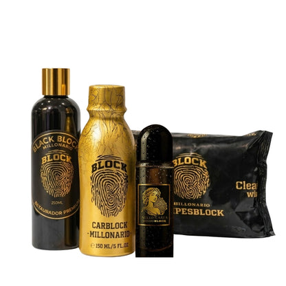 Perfume para Carro CarBlock + Paños WipesBlock + Restaurador BlackBlock + Perfume WomanBlock