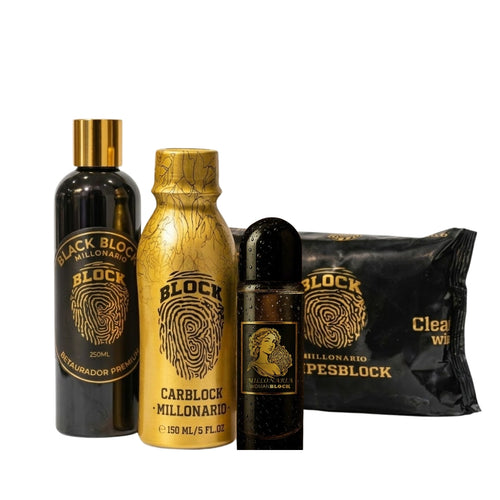 Perfume para Carro CarBlock + Paños WipesBlock + Restaurador BlackBlock + Perfume WomanBlock