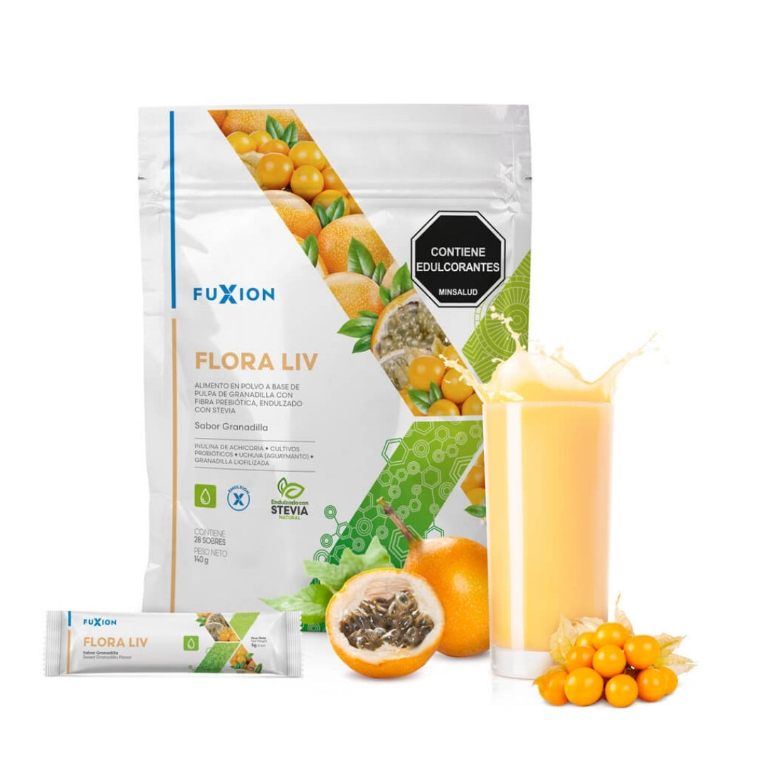 Flora Liv Fuxion Probióticos y Fibra Prebiótica para la Salud Digestiva - 28 sobres