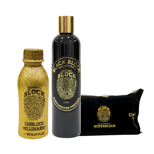 Perfume Para Carro Carblock + Paños De Limpieza Vehicular Wipesblock + Restaurador De Partes Negras Blackblock