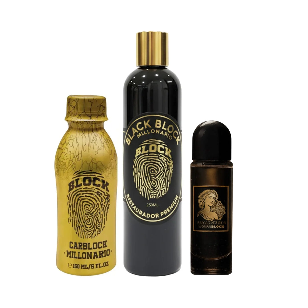 Perfume Para Carro Carblock + Perfume Con Feromonas Para Ropa Interior Femenina Millonaria Womanblock + Restaurador De Partes Negras Blackblock