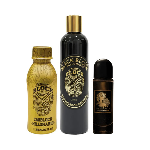 Perfume Para Carro Carblock + Perfume Con Feromonas Para Ropa Interior Femenina Millonaria Womanblock + Restaurador De Partes Negras Blackblock