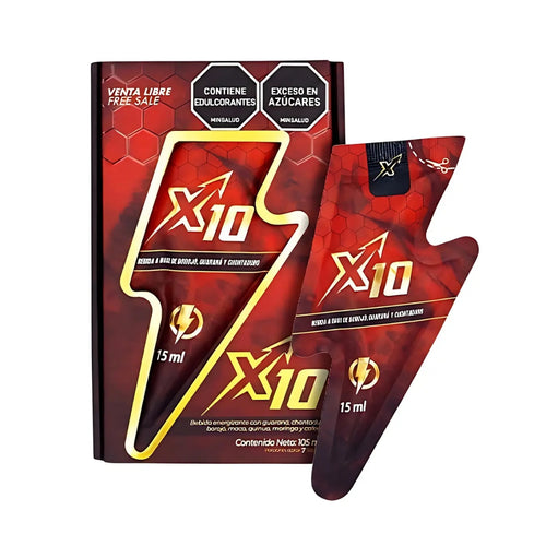 Energizante Y Potenciador Sexual X10 Supreme Para Adultos Bebida a Base de Borojó, Guaraná y Chontaduro - 7 Sachets De 15 mL c/u