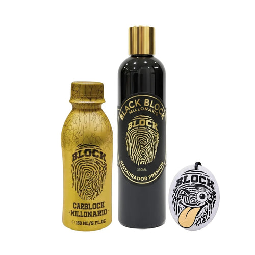 Perfume Para Carro Carblock + Restaurador De Partes Negras Blackblock + Ambientador Colgante Emojiblock