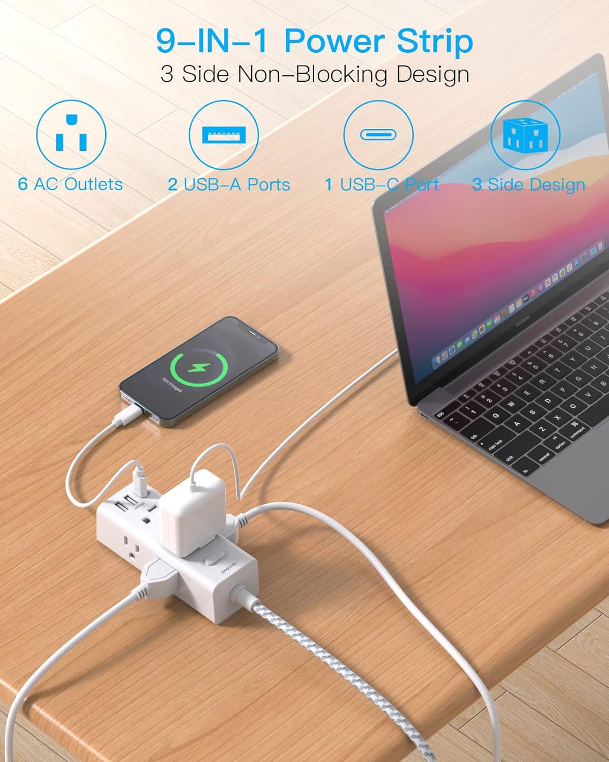 Extensión De Regleta Multitomas Usb C Protector Sobretensiones