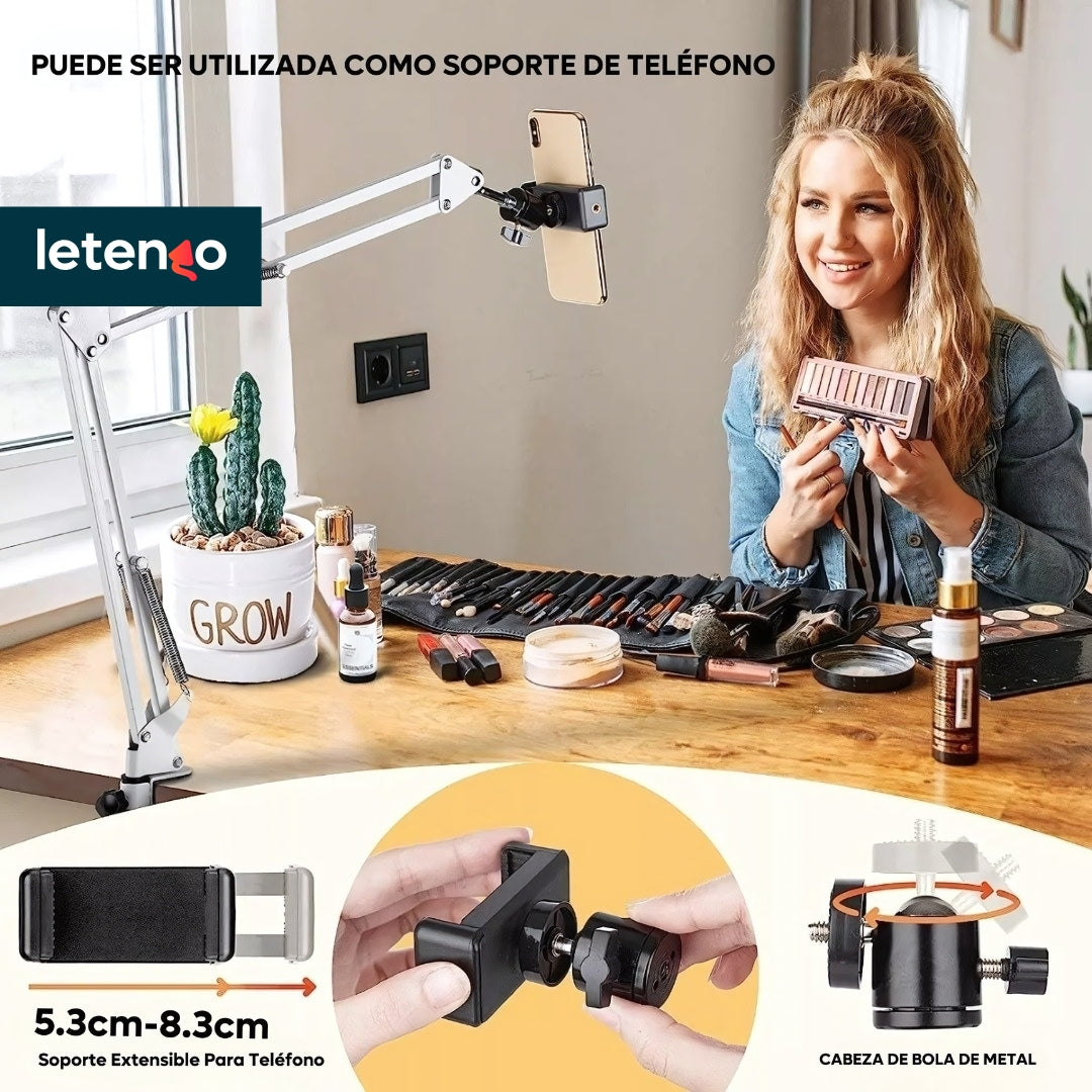 Brazo De Tijera Cahaya Soporte Para Micrófono Celular Cámara Luz Led Ajustable