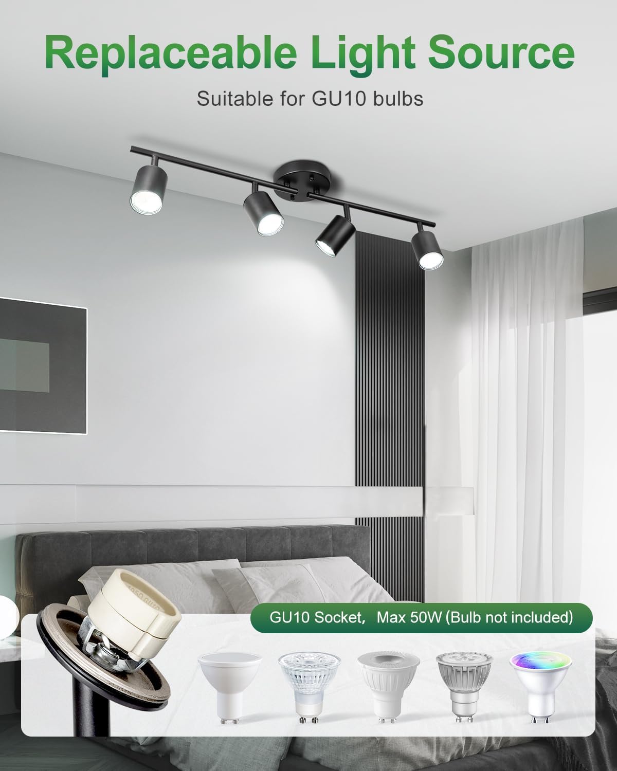 Lámpara De Techo Moderna Plegable Con Cabezal Giratorio Negro