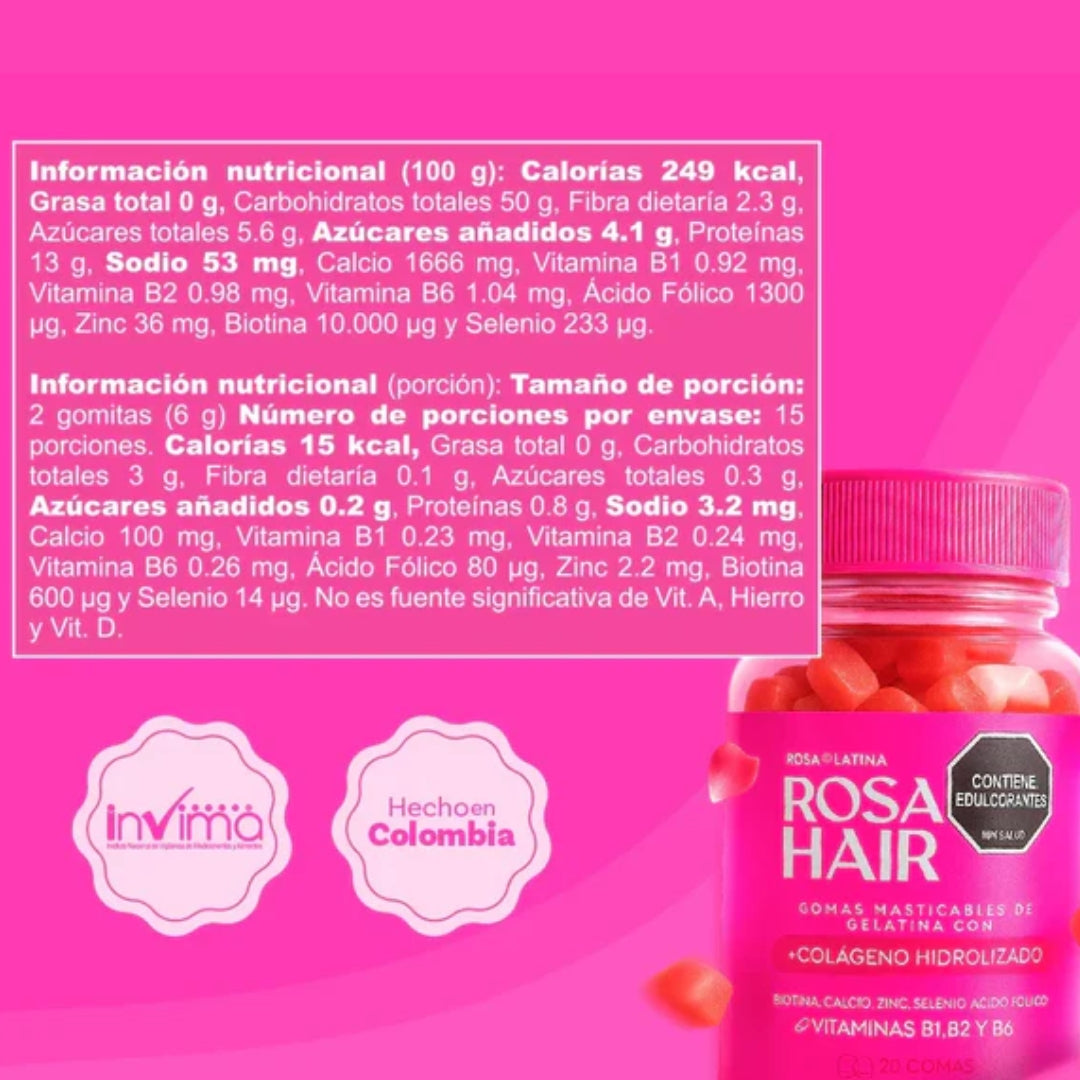 Gomas Masticables Con Colágeno Rosa Hair Para Tu Cabello, Piel y Uñas - Rosa Latina