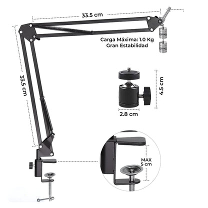 Brazo Soporte Ajustable Para Micrófono Cámara Celular Webcam