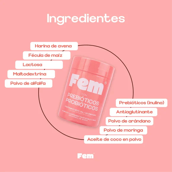 Alimento Con Probióticos y Prebióticos Fem, Apoya Tu Salud Digestiva Y El Equilibrio De Tu Flora x 60 Und